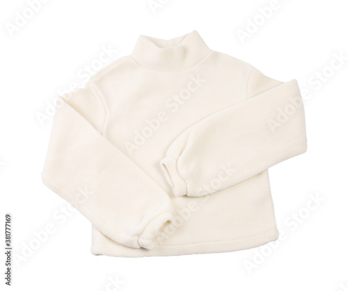 Fleece turtleneck pullover isolated on white, top view