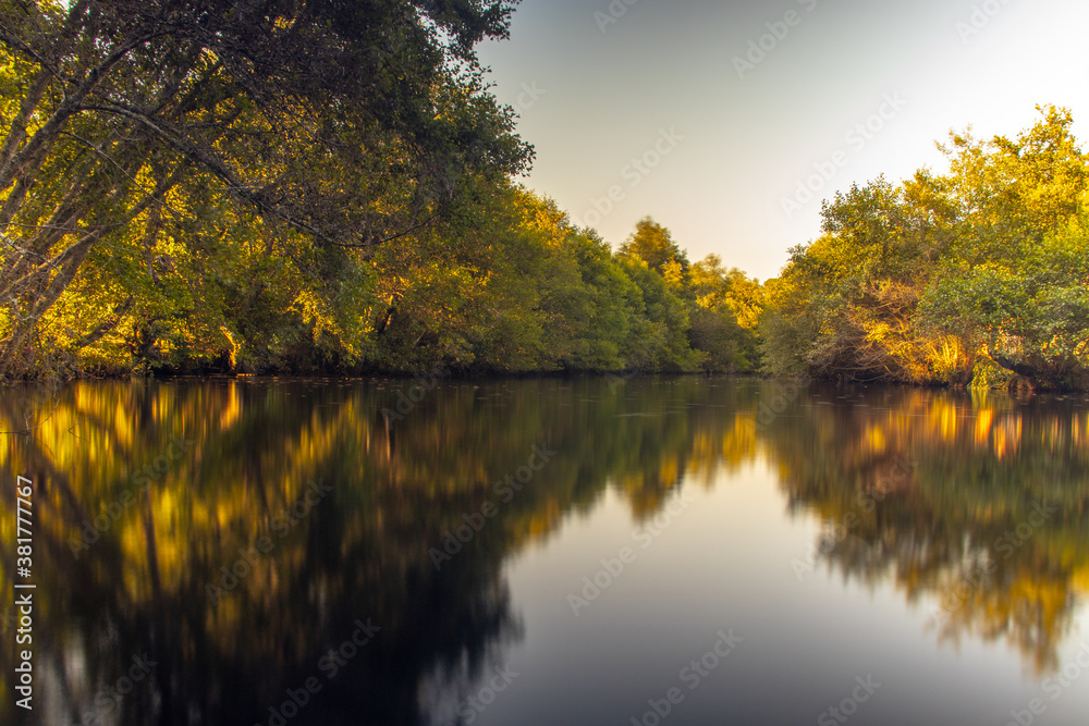 Φωτογραφία River beach reflects the fantastic autumn tones of trees in the water of the riv
