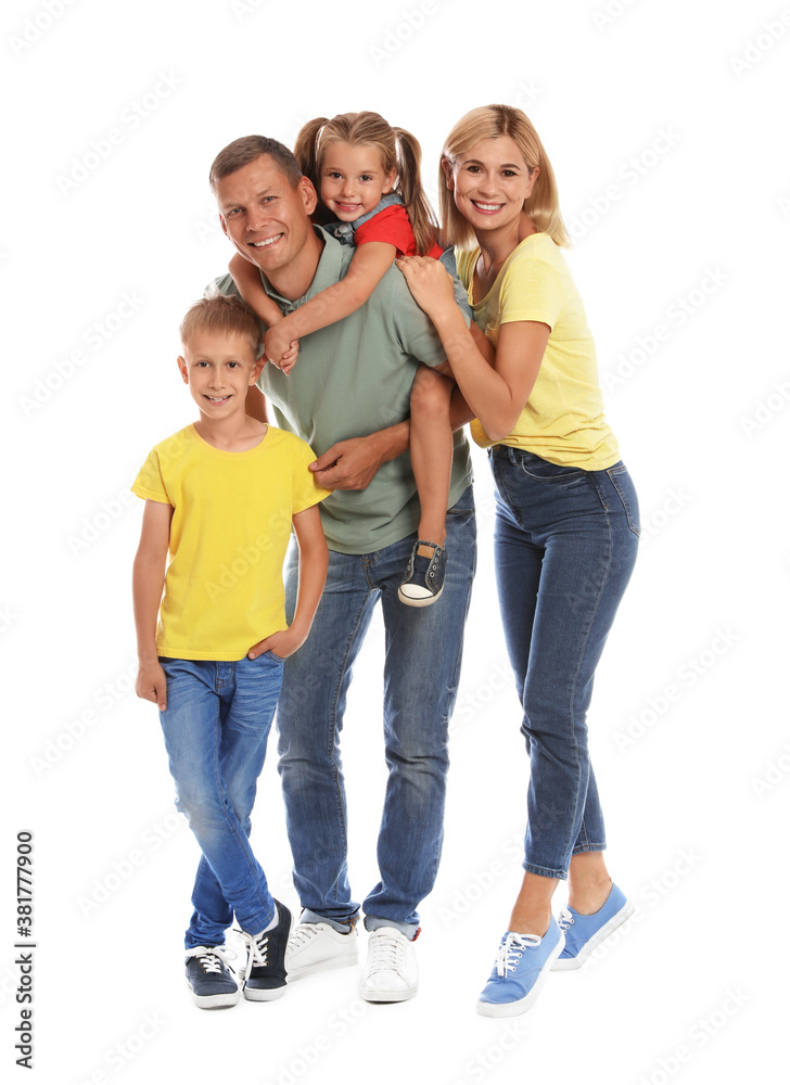 Happy family with children on white background Happy family with children on white background
