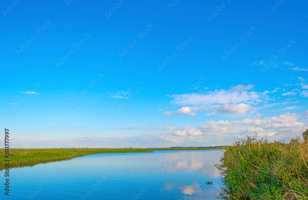 The edge of a lake in a green grassy field in sunlight under a blue cloudy sky in autumn, Almere, Flevoland, The Netherlands, September 29, 2020