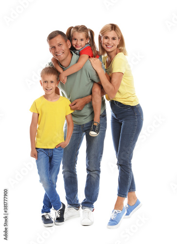 Happy family with children on white background