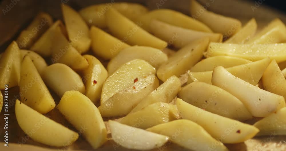 Timelapse potatoes with spices baked in oven. Timelapse potatoes with spices baked in oven.
