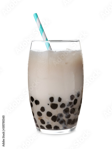 Bubble milk tea with tapioca balls in glass isolated on white