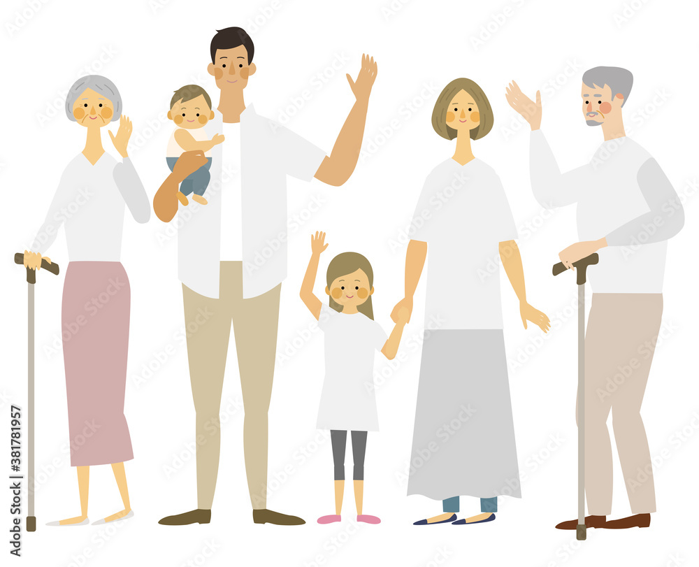 Naklejka premium 3世代家族の夏の装いイラスト