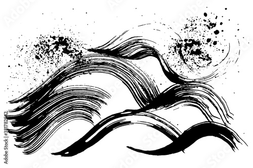 波　波しぶき　手書きの毛筆イラスト