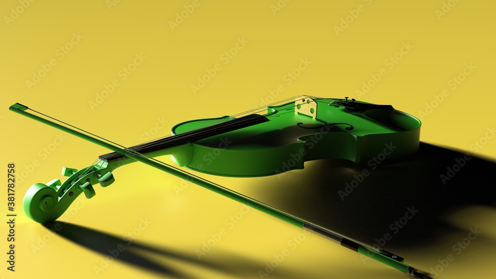 Green classic violin on yellow plate under spot lighting background. 3D sketch design and illustration. 3D high quality rendering. Green classic violin on yellow plate under spot lighting background. 3D sketch design and illustration. 3D high quality rendering.