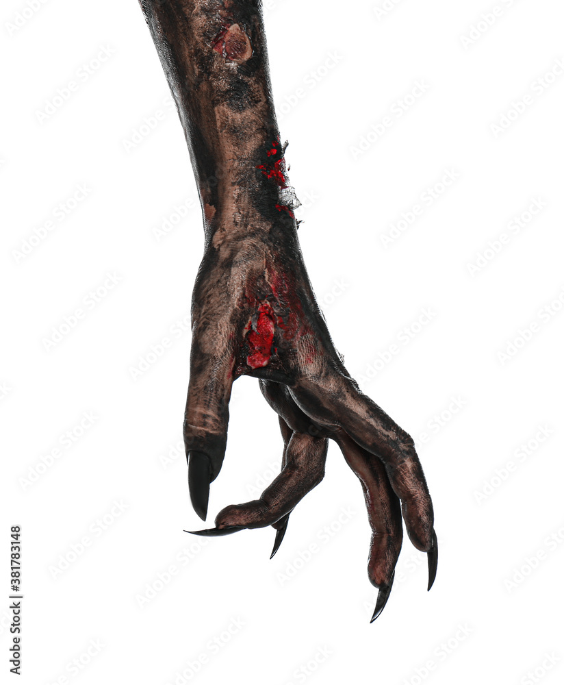 Scary monster on white background, closeup of hand. Halloween character Scary monster on white background, closeup of hand. Halloween character
