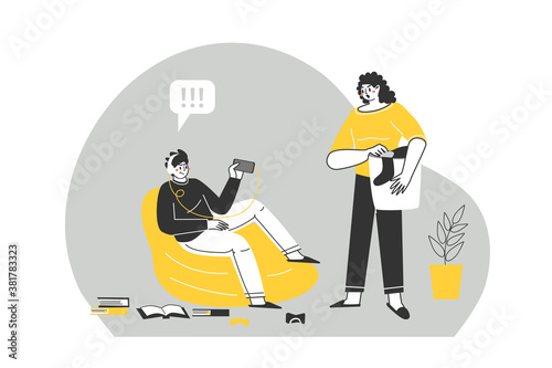 Problems of relations between teenagers and their parents. Dependence on gadgets. Ignoring teenagers of their parents. Vector Illustration