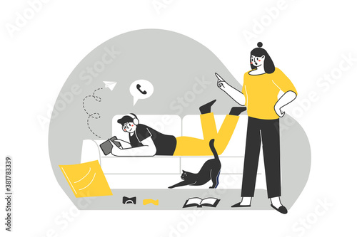 Problems of relations between teenagers and their parents. Dependence on gadgets. Ignoring teenagers of their parents. Vector Illustration