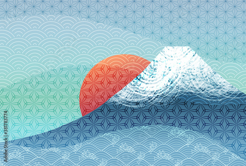 富士山丑　年賀状　日の出　背景