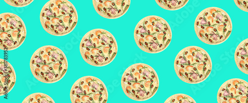 Seafood pizza pattern design on turquoise background
