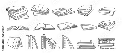 Book black line cartoon set. Hand drawn blank textbooks, hardbacks, outline pages for library. Reading, learn and receive education through books collection. Vector illustration on white background