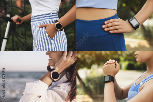 Photos of women using different smart watches, closeup. Collage design