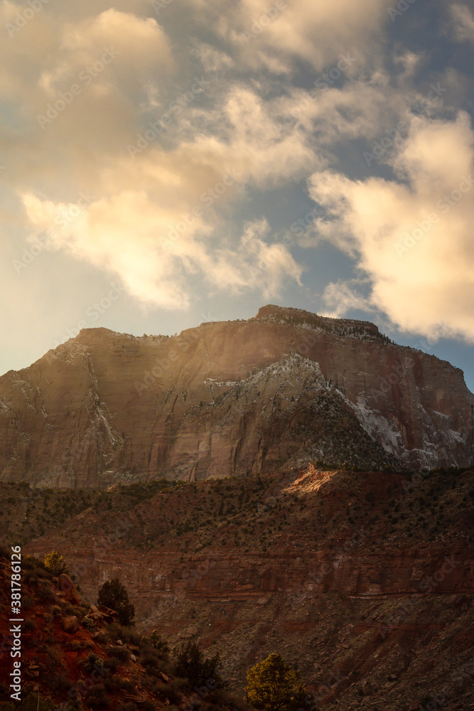Scenic view of landscape in Zion National Park at sunset. Gold hour in Zion National Park landscape