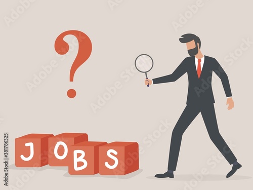 Searching for jobs, recruitment or opportunity for candidate to finding right work and employer, smart unemployed businessman using magnifying glass to looking at stack of boxes with the word Jobs.