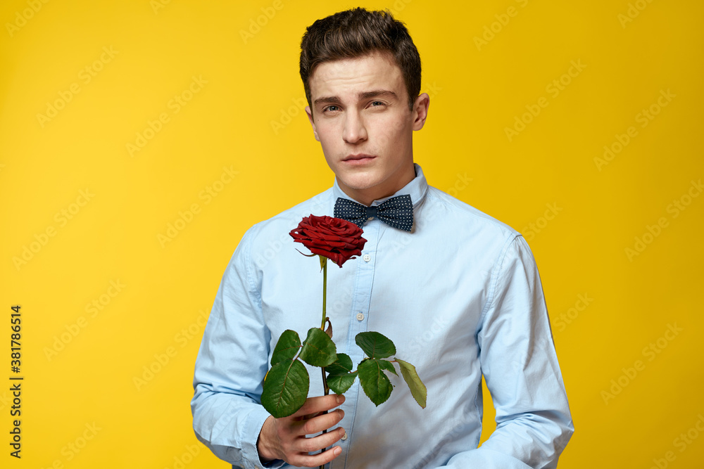 Portrait of a man with a red rose on a yellow background and a light shirt bow tie gentleman Portrait of a man with a red rose on a yellow background and a light shirt bow tie gentleman
