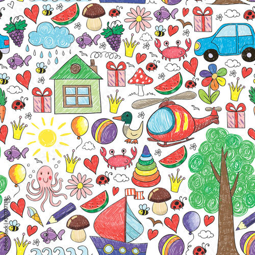 Vector kindergarten pattern with helicopter, house, toys, ship. Boys and girls online education.