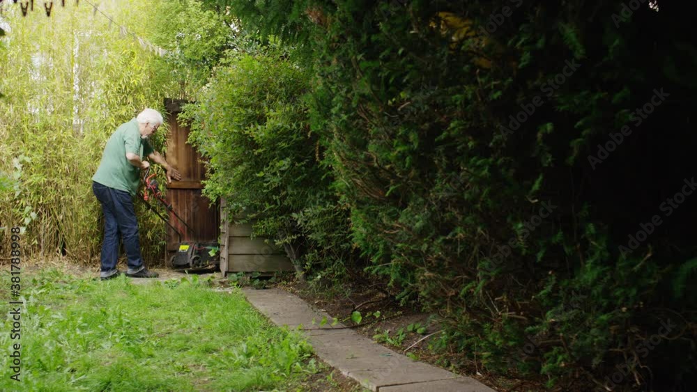 Senior retired male pulls a lawnmower from the shed in his back garden to mow the grass Senior retired male pulls a lawnmower from the shed in his back garden to mow the grass