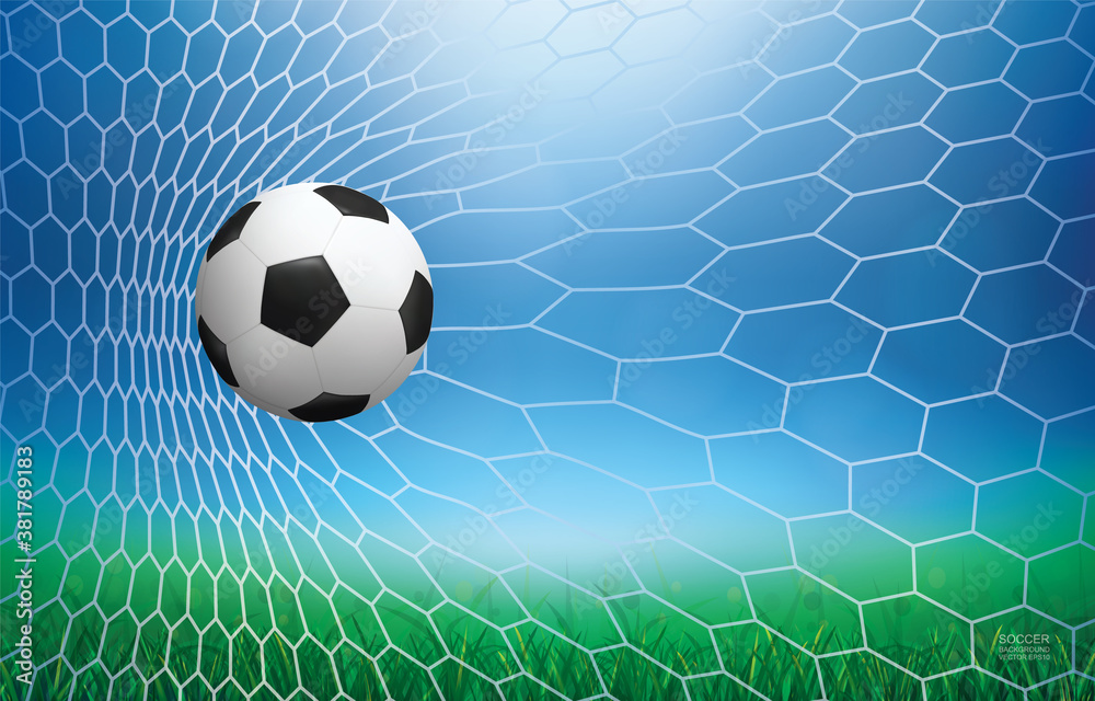 Naklejka premium Soccer ball in goal. Football ball and white net with light blurred bokeh background. Vector.