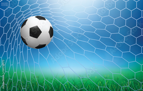 Soccer ball in goal. Football ball and white net with light blurred bokeh background. Vector.