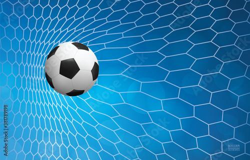 Soccer ball in goal. Football ball and white net with blue background. Vector.