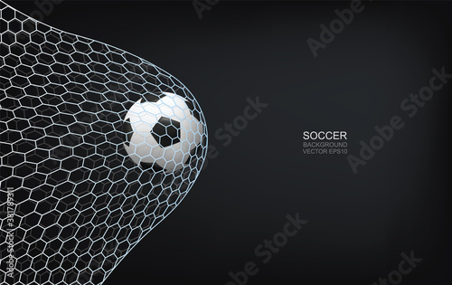 Soccer football ball and soccer net on dark background with area for copy space. Vector.