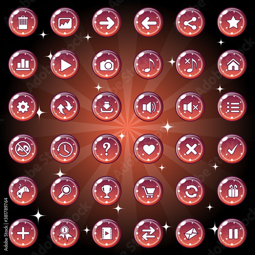 Buttons and icon set design for game or web theme is dark red. Vector illustration.