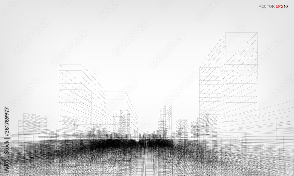 Fototapeta premium Wireframe city background. Perspective 3D render of building wireframe. Vector.