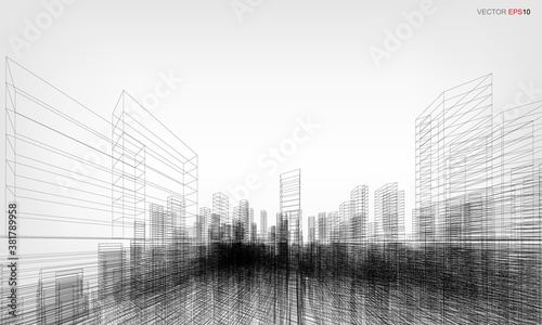 Wireframe city background. Perspective 3D render of building wireframe. Vector.