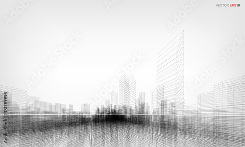 Wireframe city background. Perspective 3D render of building wireframe. Vector.