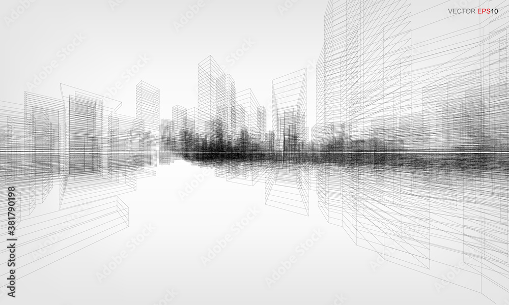 Wireframe city background. Perspective 3D render of building wireframe. Vector. Wireframe city background. Perspective 3D render of building wireframe. Vector.