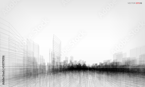 Wireframe city background. Perspective 3D render of building wireframe. Vector.