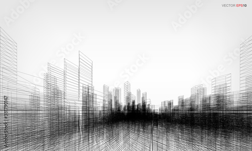 Wireframe city background. Perspective 3D render of building wireframe. Vector.