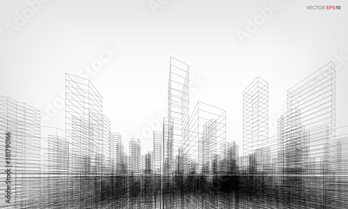 Wireframe city background. Perspective 3D render of building wireframe. Vector.