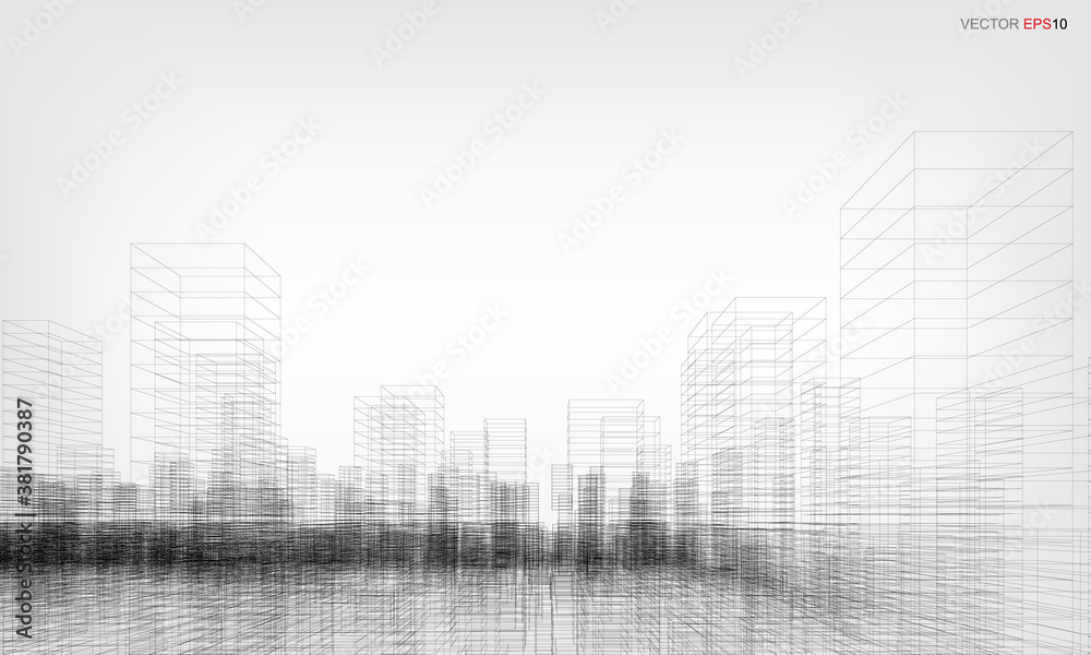 Wireframe city background. Perspective 3D render of building wireframe. Vector. Wireframe city background. Perspective 3D render of building wireframe. Vector.