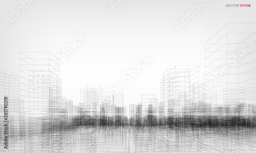 Wireframe city background. Perspective 3D render of building wireframe. Vector.