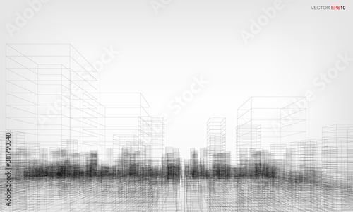 Wireframe city background. Perspective 3D render of building wireframe. Vector.