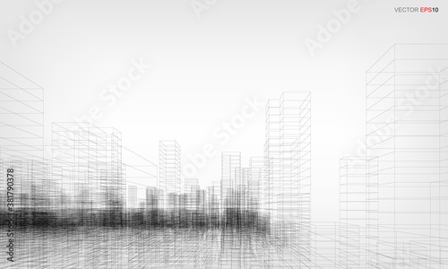Wireframe city background. Perspective 3D render of building wireframe. Vector.