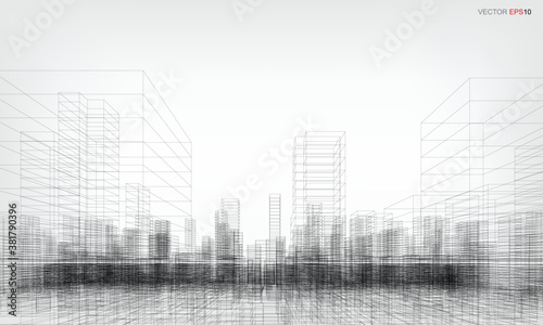 Wireframe city background. Perspective 3D render of building wireframe. Vector.