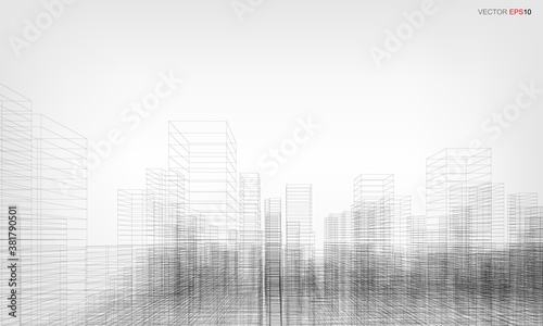 Wireframe city background. Perspective 3D render of building wireframe. Vector.