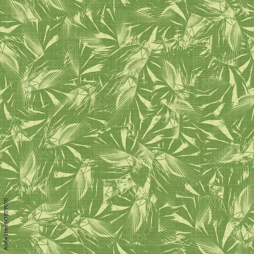 Bright line green tropical foliage seamless pattern. High quality illustration. Vivid but simple palm tree leaves in happy light green shades with linen fabric texture overlay. © NinjaCodeArtist