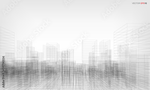 Wireframe city background. Perspective 3D render of building wireframe. Vector.