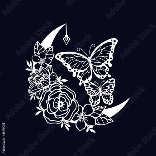 Crescent moon with butterfly and floral style decoration