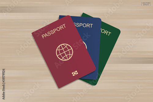 Set of passport on wood background. Vector.