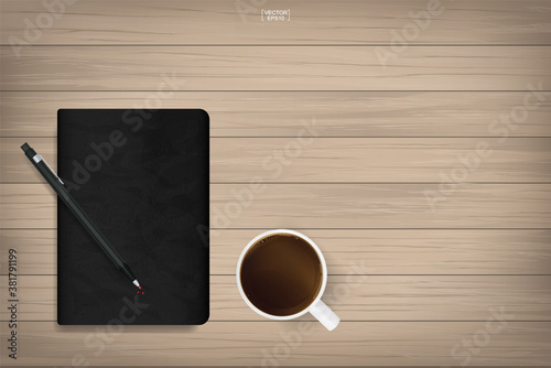 Notebook with black cover texture and coffee cup on wood background. Vector.
