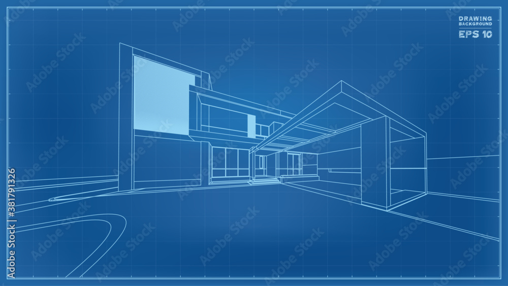 Obraz premium Blueprint Perspective. 3D render of tropical house wireframe. Vector illustration of house construction.
