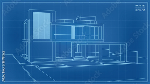 Blueprint Perspective. 3D render of tropical house wireframe. Vector illustration of house construction.