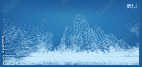 Abstract 3D perspective render of building wireframe. Architectural construction graphic idea. Vector.