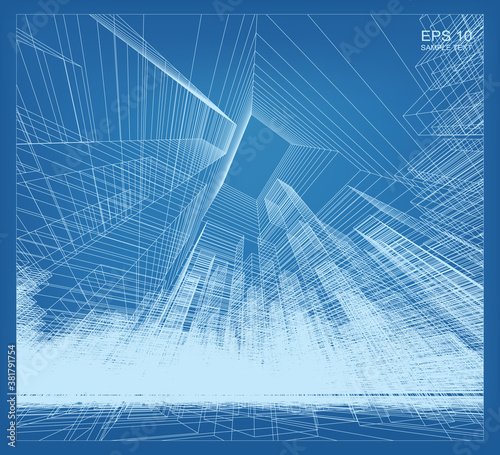 Abstract matrix wireframe space of building. Perspective wireframe background. Vector.
