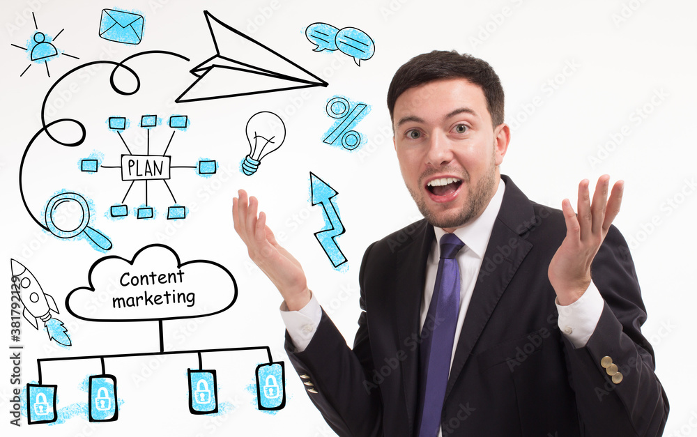Business, technology, internet and network concept. Young businessman thinks over the steps for successful growth: Content marketing Business, technology, internet and network concept. Young businessman thinks over the steps for successful growth: Content marketing